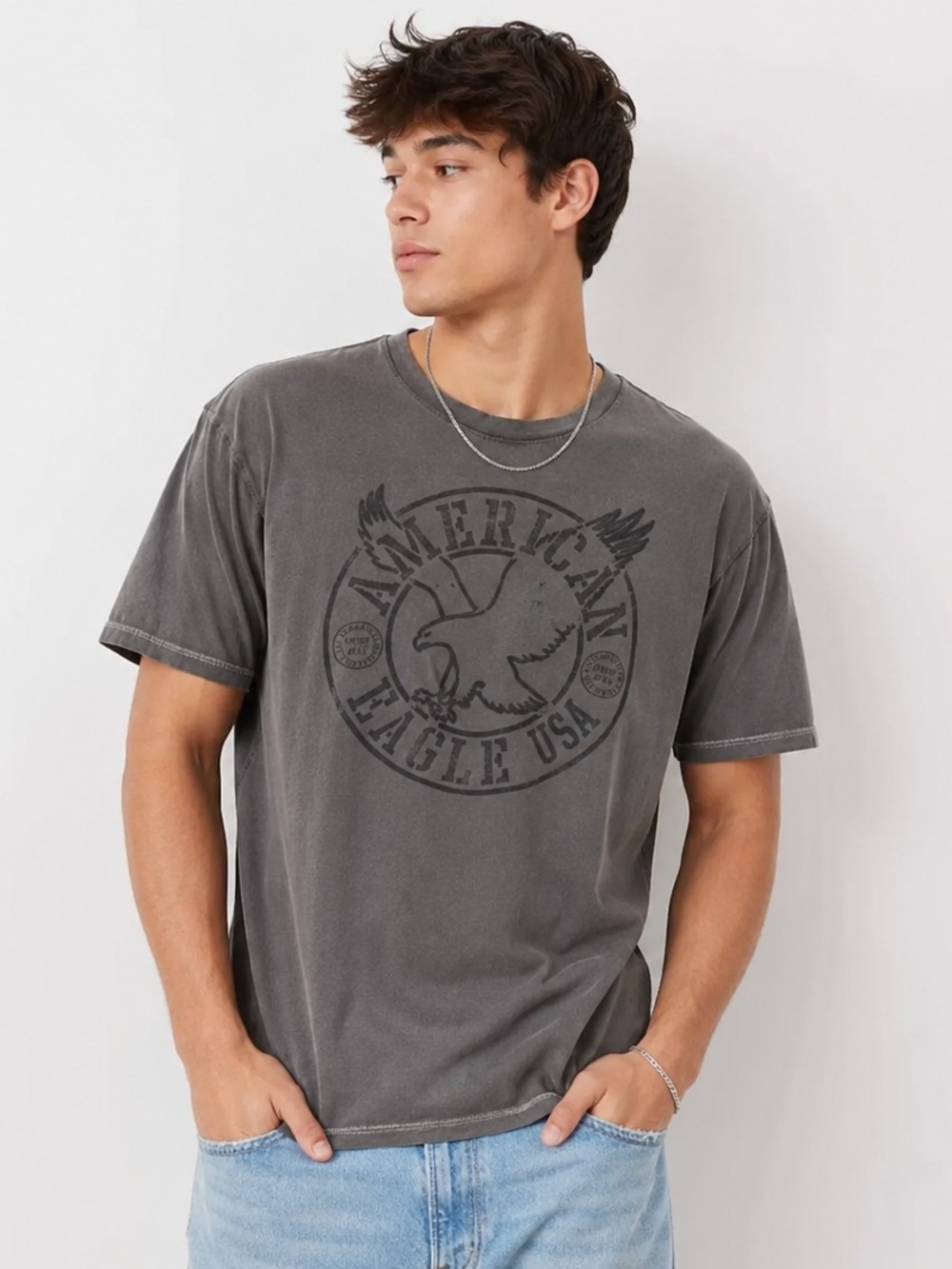 American Eagle Outfitters Gray Washed Eagle Graphic Tee
